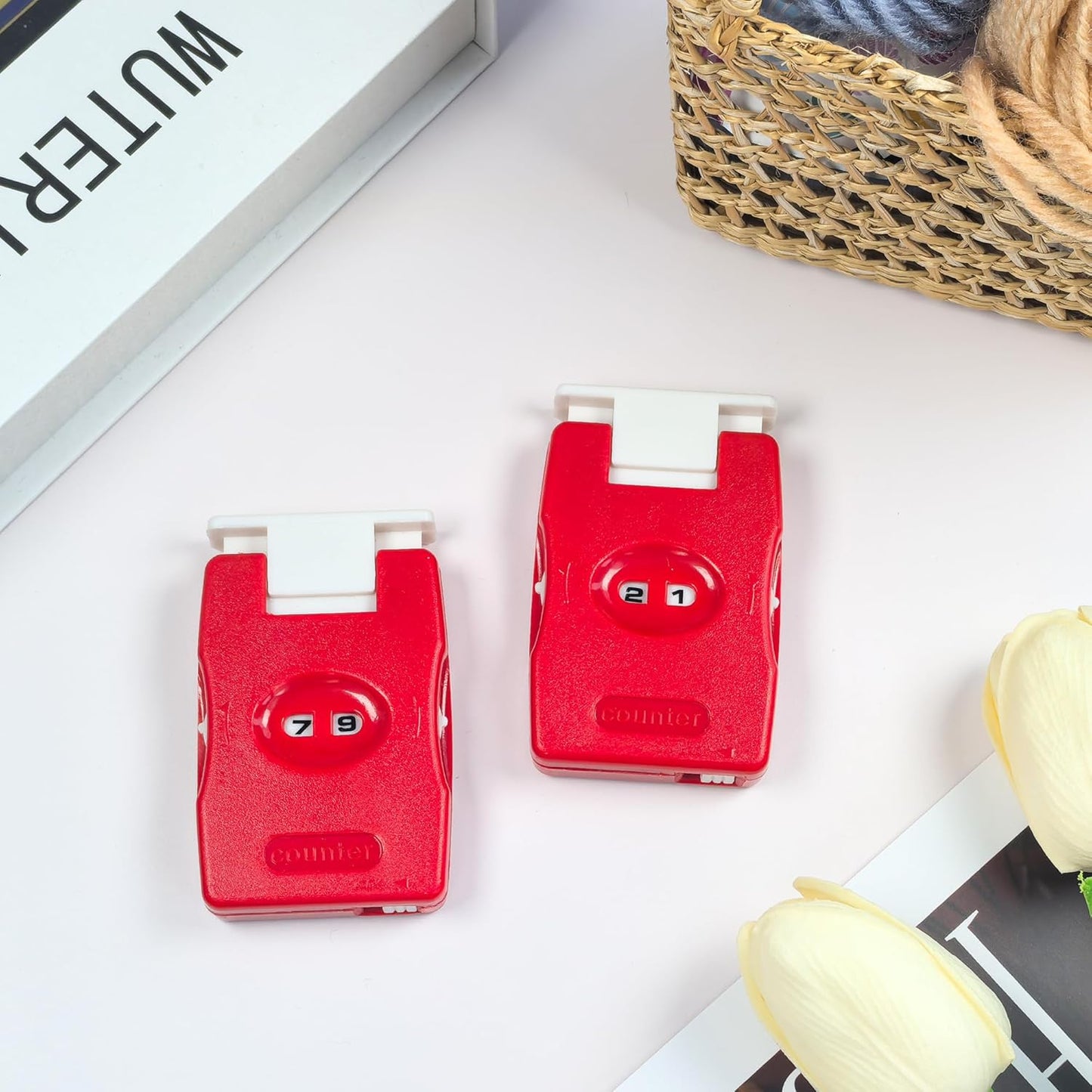 2 Pieces Knitting Counter, Needle Marking Tool, Plastic Knit Counter, Knitting Stitch Counter, Red