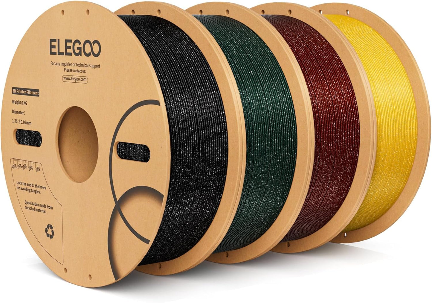 ELEGOO Sparkle PLA Filament 1.75mm Bundle 4KG, Glitter Twinkling 3D Printer Filament Dimensional Accuracy +/- 0.02mm, 4pcs 1kg Spool(2.2lbs) Sparkle Black, Red, Green, Gold