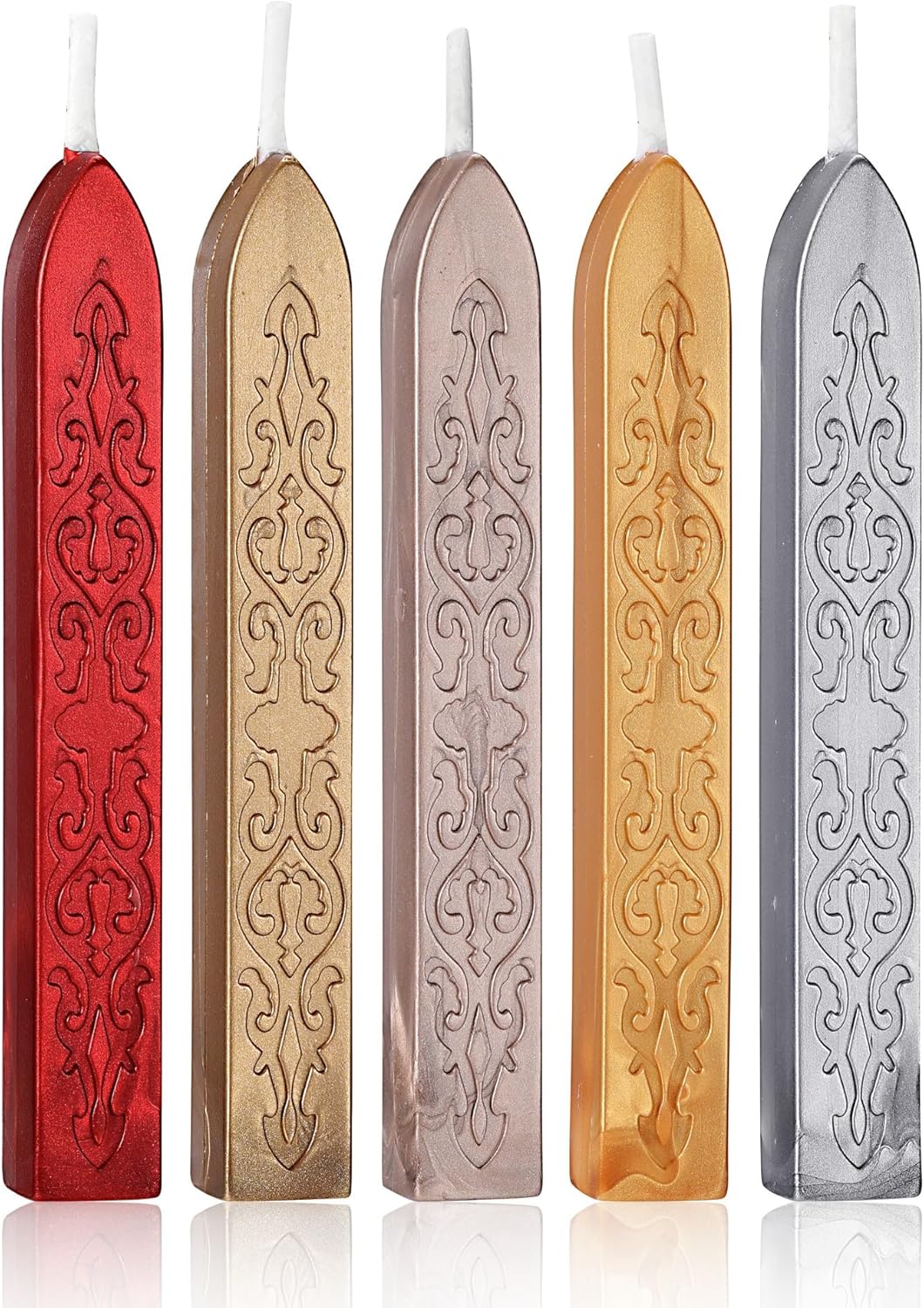 Yoption 5 Pcs Sealing Wax Sticks with Wicks for Wax Seal Stamp, Wedding Invitations, Gift Wrapping, Christmas (Gold, Metallic Red, Antique Gold, Champagne Gold, Silver)