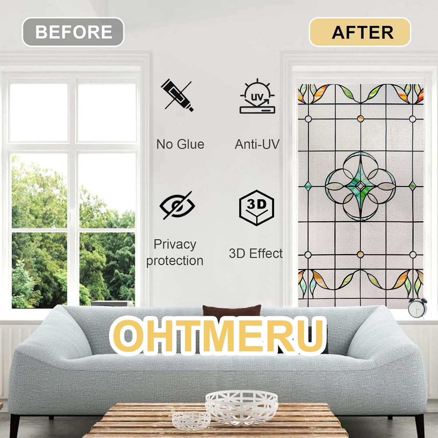 3D Stained Glass Window Privacy Film, Heat Control UV Blocking Static Cling Decorative Window Film for Bathroom,Front Door,Home Non Adhesive,16.9 x 78.7 inches Verdant Whispers