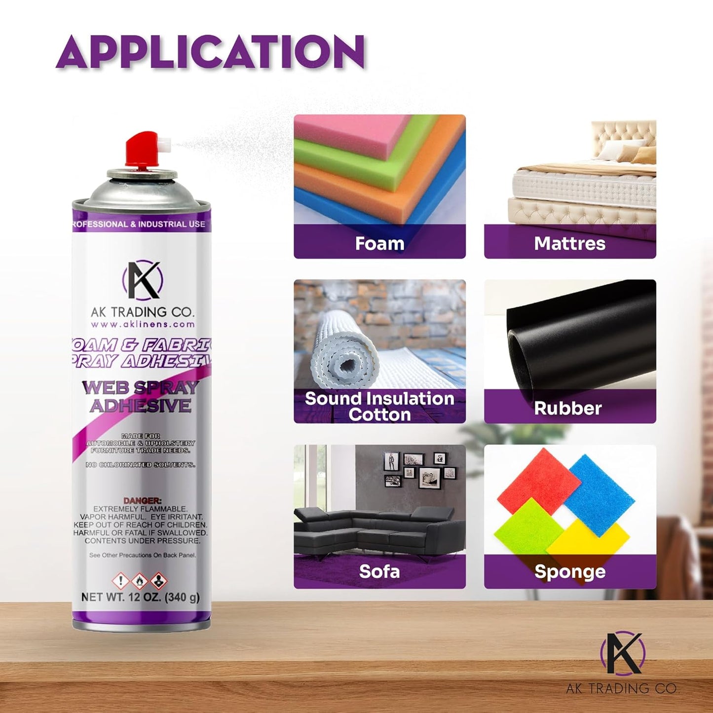AK TRADING CO. Professional Quality Multipurpose Spray Adhesive - Wide Spray Reach, Made in USA, Temporary and Permanent Bonding - 12oz Can