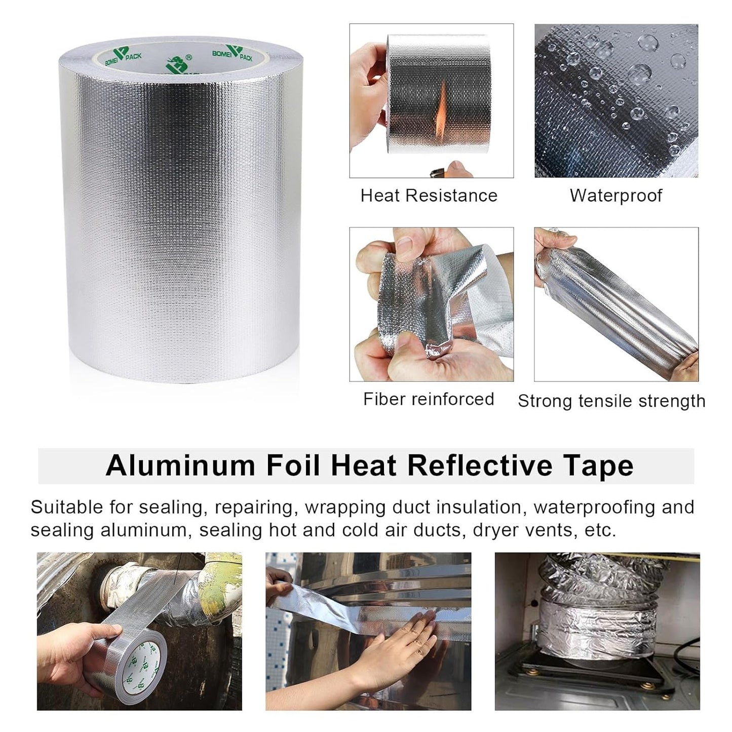 BOMEI PACK Adhesive Aluminum Foil Heat Shield Tape Barrier, Fiberglass Thermal Insulation Reflective Material High Temp Protection (6in*66ft)