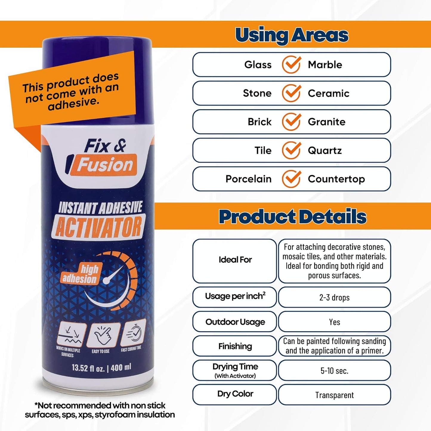 FIX & FUSION Activator Spray (13.5 Fl Oz), Instant Cure Accelerator for Cyanoacrylate (CA) Super Glue for Wood, Plastic, Rubber, Granite, and DIY & Professional, Accelerates Bonding Strength, (2 Pack)