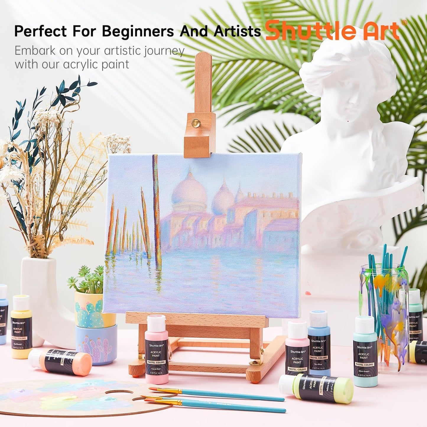 Shuttle Art 40 Pack Pastel Acrylic Paint Set, 30 Colors, 60ml/2oz Bottles, High Viscosity, Water-proof With 10 Paint Brushes for Painting &Crafting on Canvas, Rock, Ceramic, Fabric, Clay
