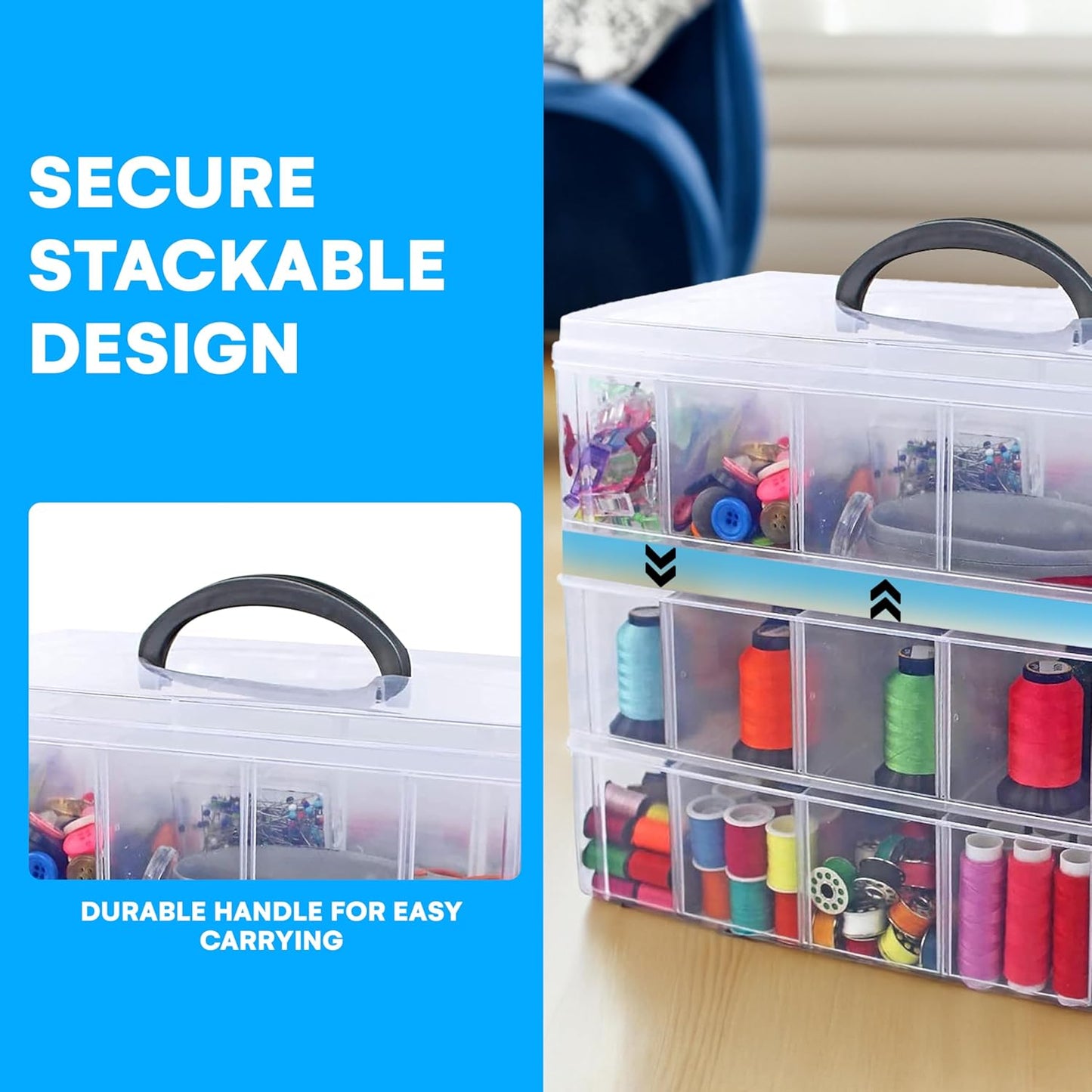 Bins & Things 3-Tier Stackable Storage Container - 30 Adjustable Slots Thread and Bead Organizer - Craft Box for Spools, Bobbins, Jewelry, Sewing, Art Supplies - Large, Clear