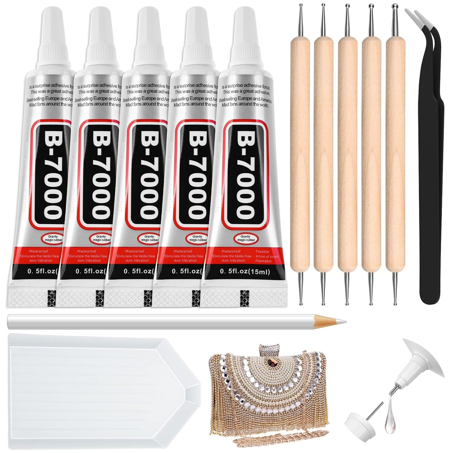 B7000 Clear Adhesive with Precision Tips, 5 PCS B-7000 Jewelry Bead Glue for Diamond Rhinestone Applicator Tools Set - Strength Adhesive for Nail Art DIY Crafts Clothes Shoes Bags