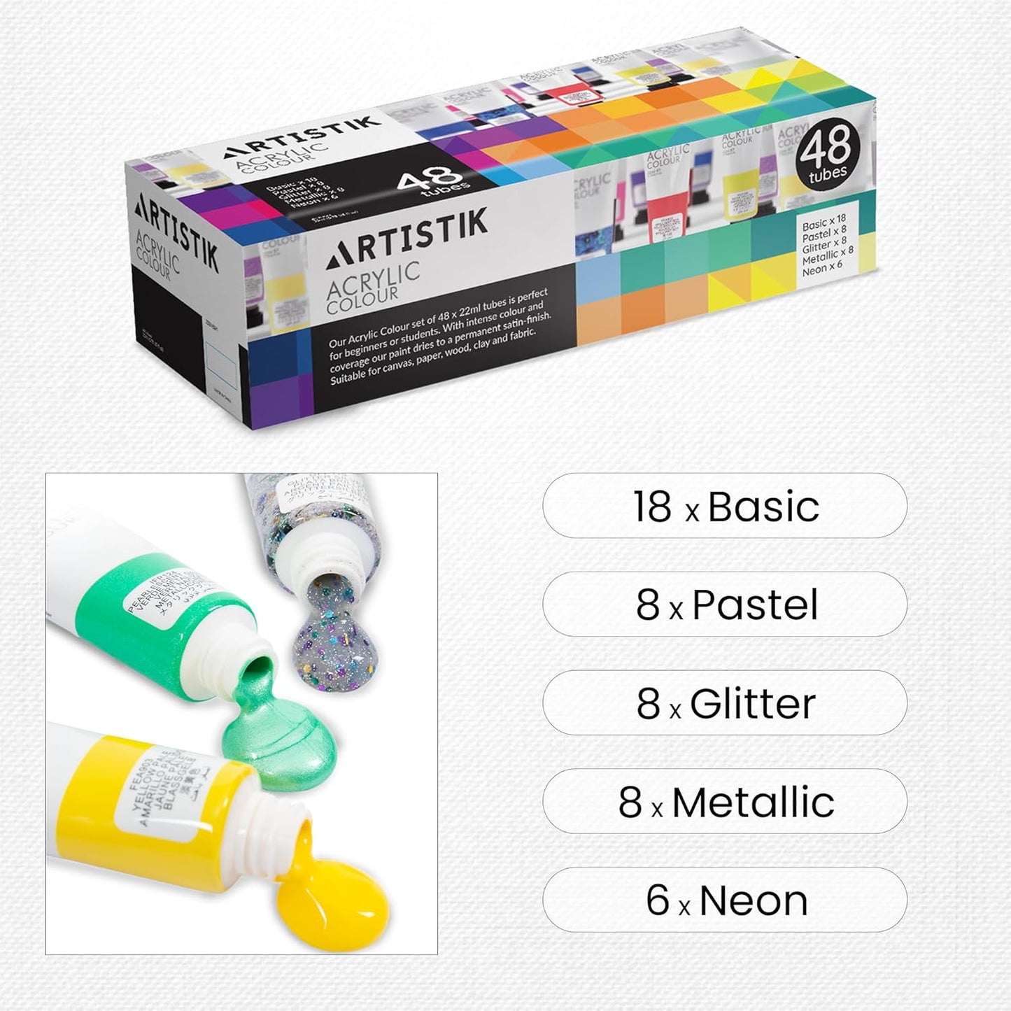 Acrylic Paint Set - 48 Piece Set (48 x 22ml) Tubes in Rich Vibrant Colors - Pigments Formulated for Opaque, Vibrance Perfect for Beginners, Students, Professionals, Artists Painting Different Mediums