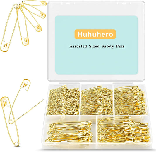 Safety Pins Assorted, 340 Pack 5 Different Sizes Small and Large Safety Pin for Clothes Costume Sewing, Nickel Plated Steel, Arts and Crafts Supplies, Gold