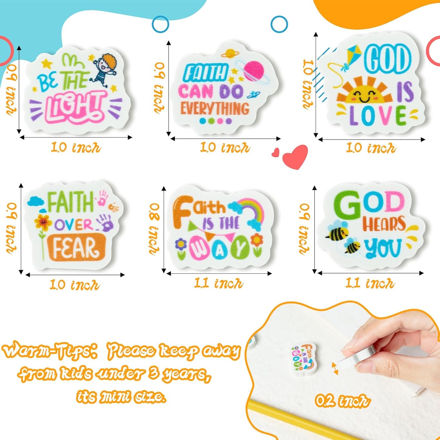 60Pcs Christian Inspirational Mini Eraser Back to School Inspirational Faith Over Fear Pencils Erasers Colorful Sun Bee Flowers 3D Desk Puzzle Erasers Pet for Student Back to School Supplies