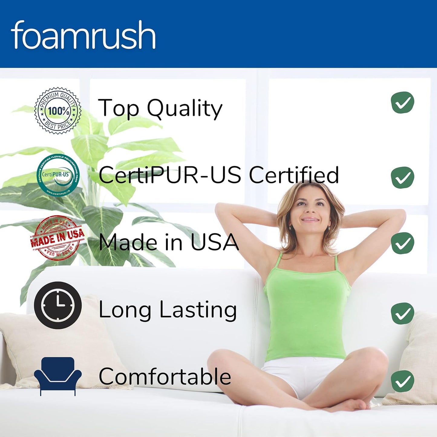 FoamRush 6" H x 24" W x 24" L Upholstery Foam Cushion High Density (Square Foam for Dining Chairs, Chair & Wheelchair Seat Cushion Replacement)