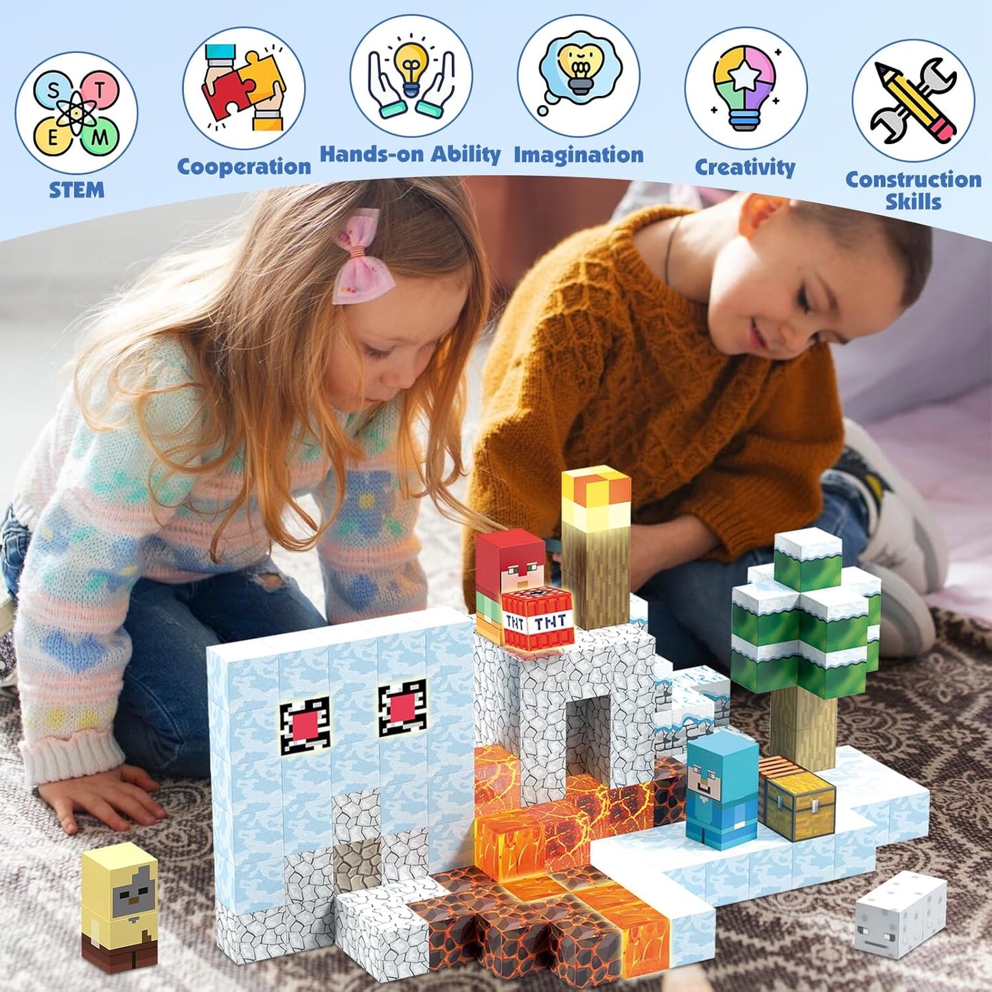 200PCS Magnetic Building Blocks, Magnetic Blocks Building STEM Construction Toys, Montessori Sensory Stacking Toy for Toddlers, Magnet Cubes with Light Blocks for Boys Girls Age 3 4 5 6 7 8-12