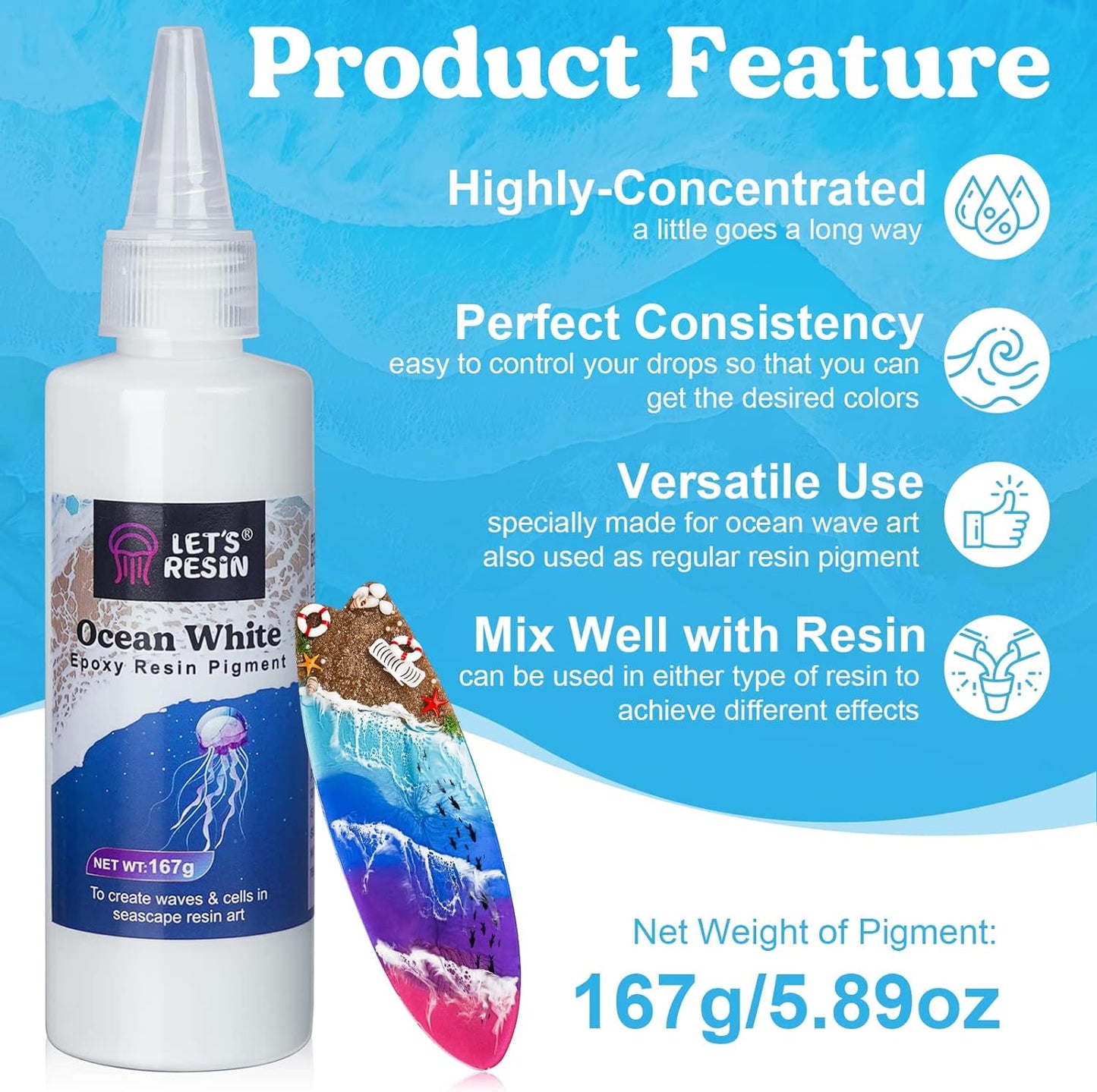 LET'S RESIN Ocean White Epoxy Resin Pigment 167g/5.89oz, High Concentrated Paste for Epoxy & UV Resin, UV Resistant Opaque Pigment for Creates Cells & Lacing, 3D Flower Coasters