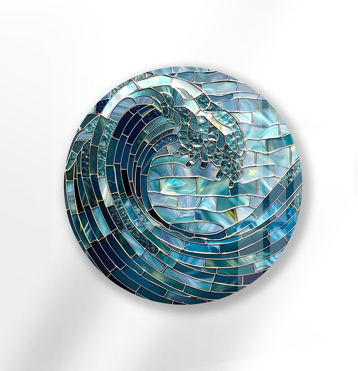My Photostation.com 15.8''(40cm) Diameter Ocean Wave in Blue Mosaic Round Glass Wall Art Tempered Glass Printing Wall Decor Large Wall Art Wall Hangings