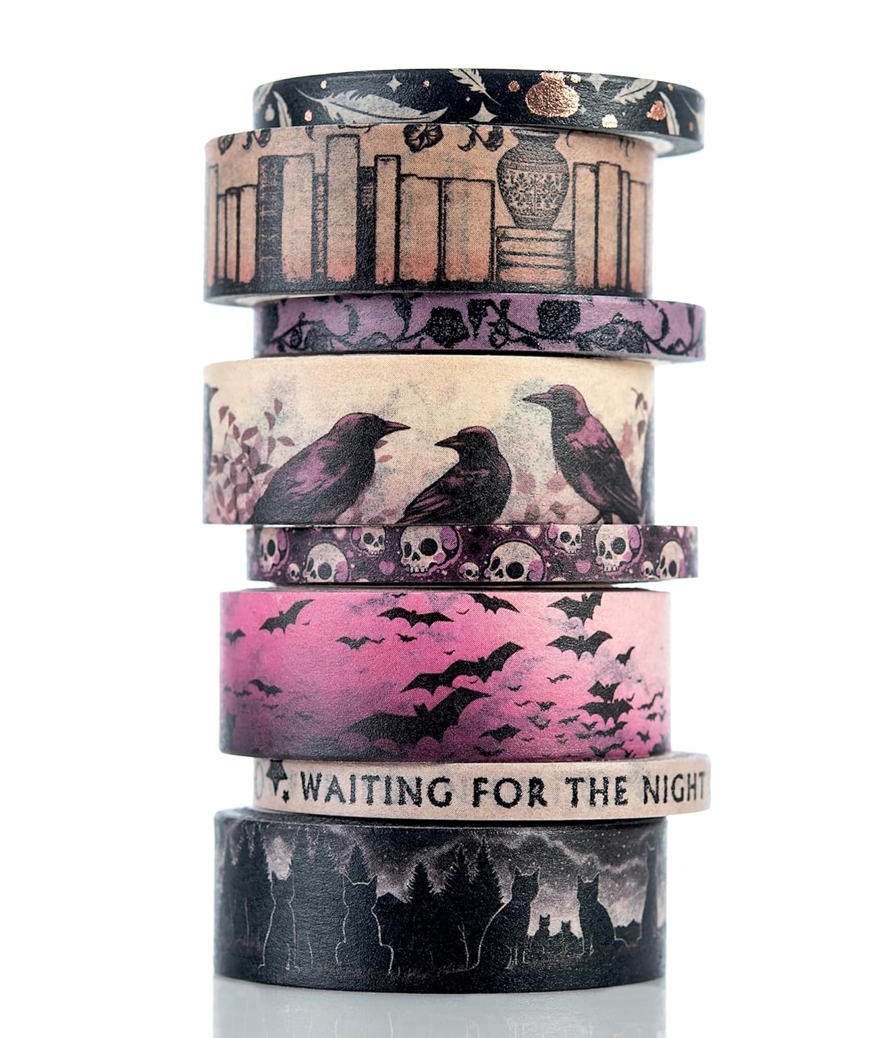 Conquest Journals Waiting for the Night Washi Tape Bundle, 8 Rolls, 4 15mm Rolls and 4 Corresponding 5mm Rolls, Goth Inspired Washi for All Your Planning, Journaling and Scrapbooking Projects
