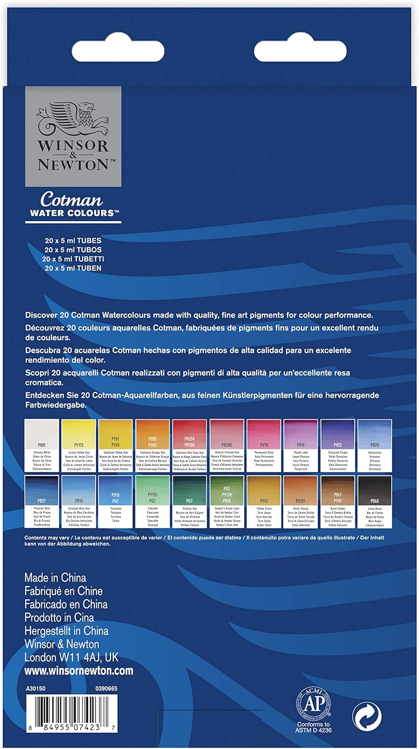 Winsor & Newton Cotman Watercolor Paint Set, 20 Colors, 5ml (0.17-oz) Tubes