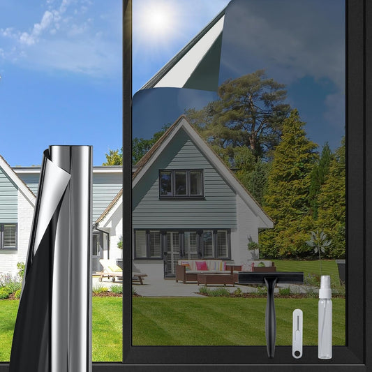DOWELL One Way Window Privacy Film with 3 Tools Window Tint for Home Sun Blocking Heat Control Anti UV Reflective Mirror Covering See Out Not in for House and Office Black Silver 23.6" X 157.4"