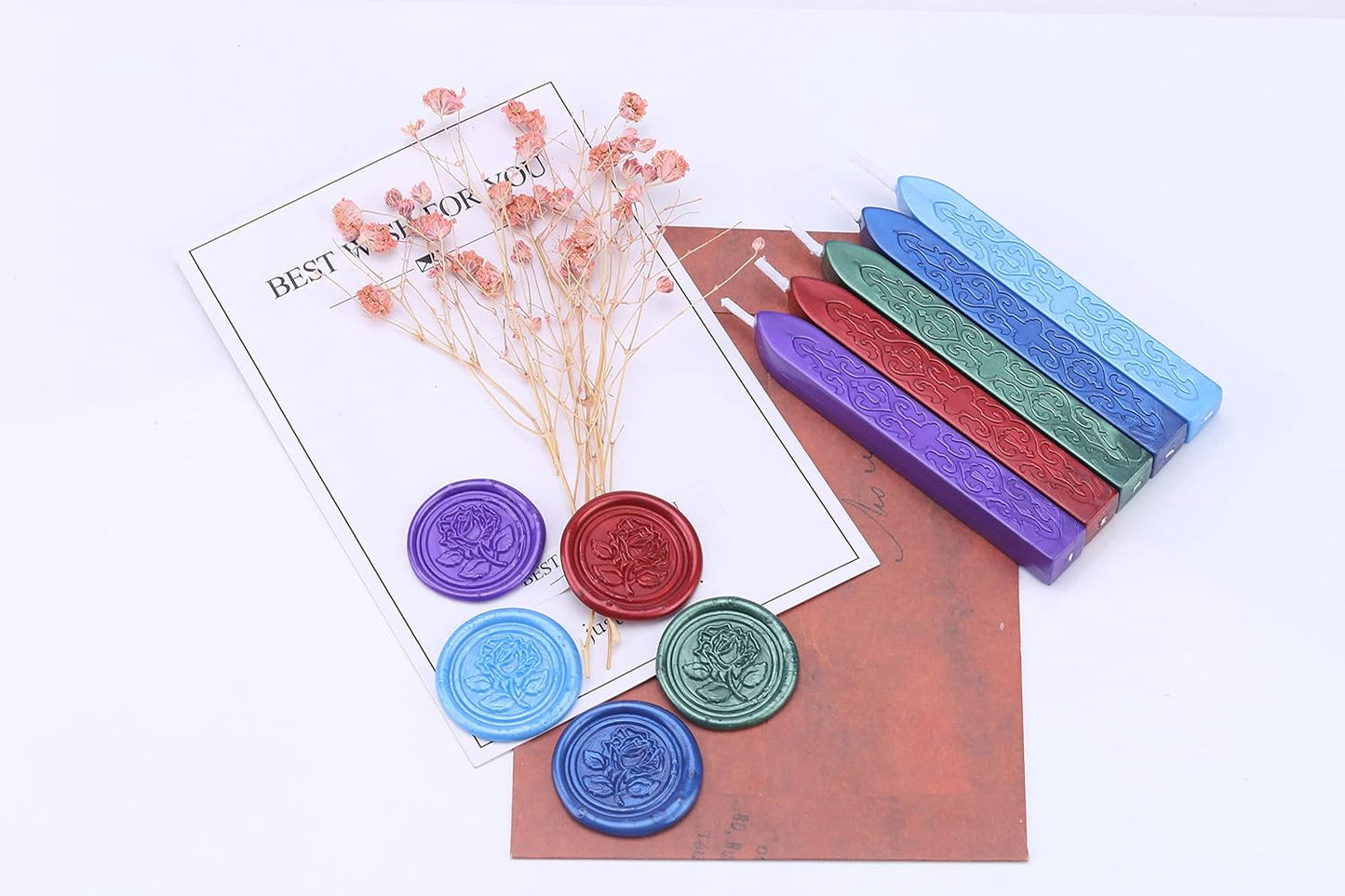 Yoption 5 Color Sealing Wax Sticks, Vintage Totem Fire Manuscript Wax Seal Sticks with Wicks for Wax Seal Stamp (Blue+Purple+Red+Navy Blue+Green)