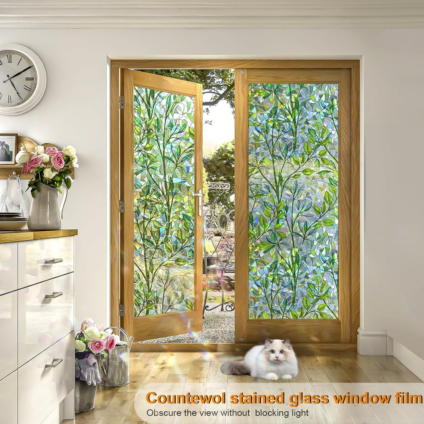 Window Privacy Film Stain Glass Window Film Rainbow Window Film Window clings Non-Adhesive Reusable Decorative for Room (Leaf Rainbow, 23.6 x 78.7 in)