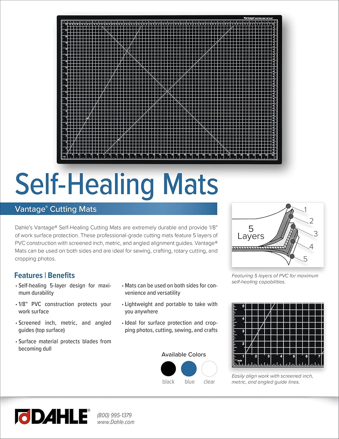 Dahle Vantage 10671 Premium Self-Healing Cutting Mat, 12"x18", 1/2" Grid, 5 Layers for Max Healing, Perfect for Crafts & Sewing, Black