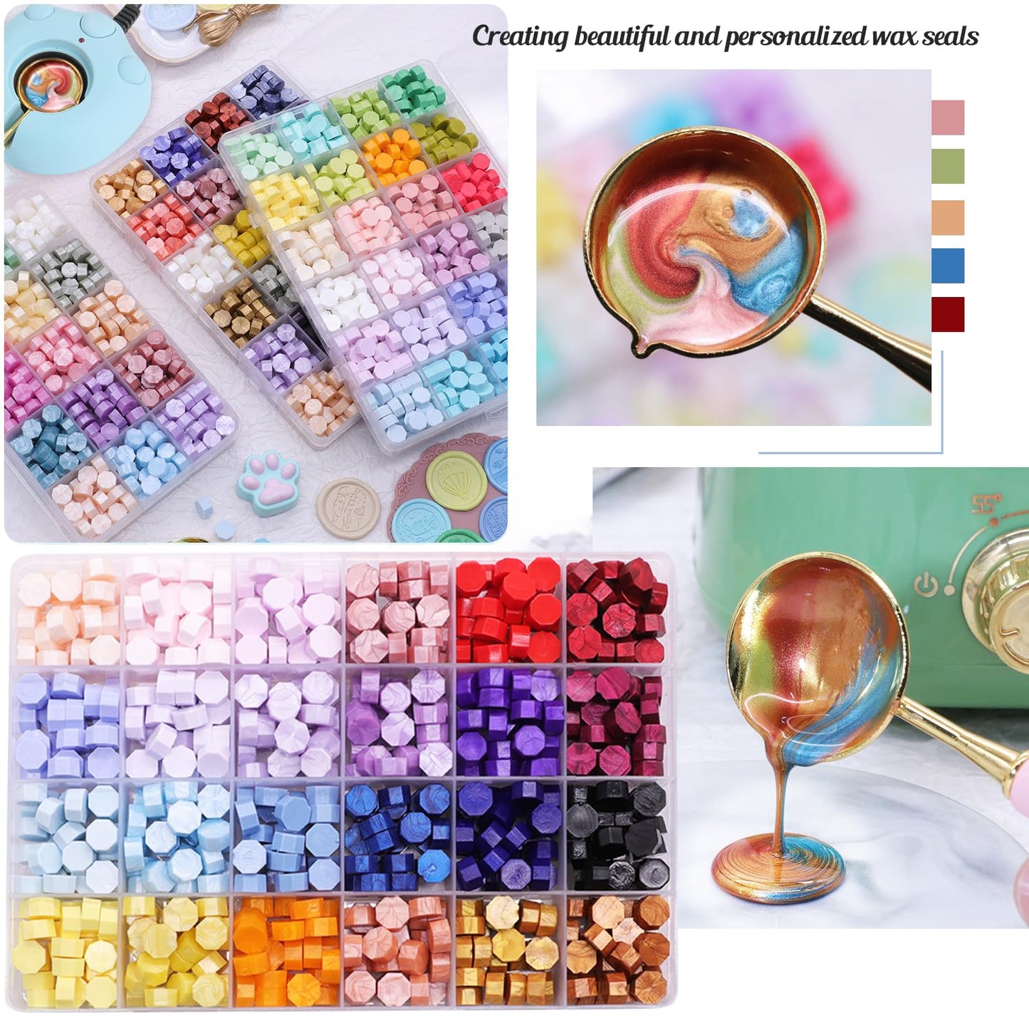 Wax Seal Kit with 24 Colors Wax Seal Beads 600pcs, 6PCS Wax Seal Stamps, Electric Sealing Wax Warmer, Envelopes and Wax Seal Metallic Pen for Gift and Decoration (Cartoon)