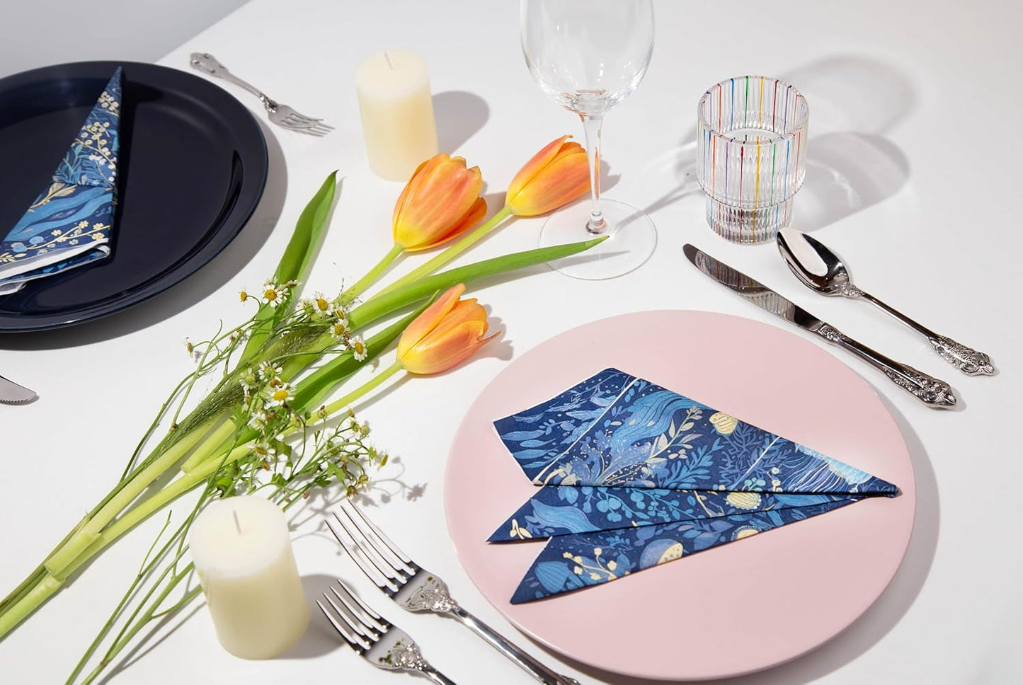 Premium Designer Paper Napkins, 3-Ply 6.5 x 6.5-inches Fold Disposable Decorative Lunch Dinner Napkin (20, Deep Blue)