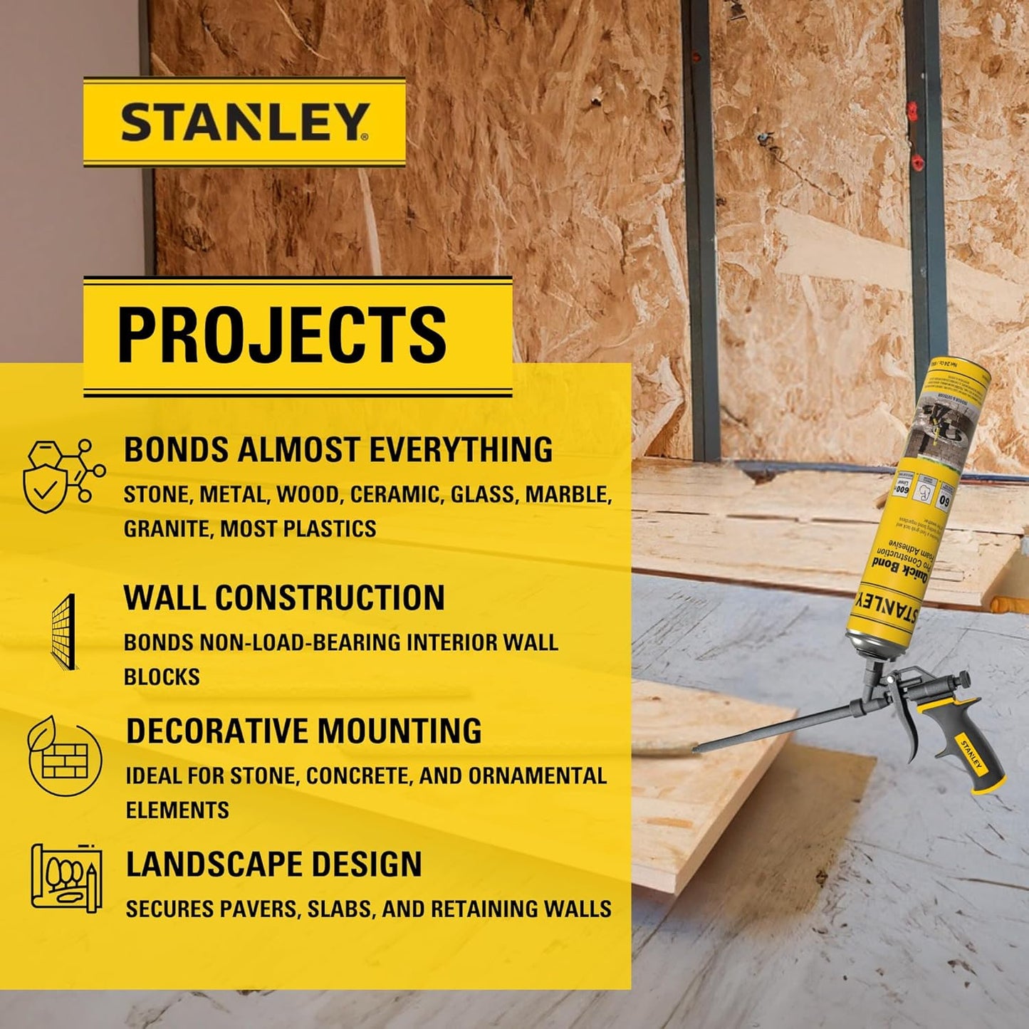 Stanley Quick Bond Adhesive Foam - 2x24oz, Reliable Bond Adhesive for Various Materials, Strong bonding, No Mixing, Gun Use, Gun NOT Included | 2 Pack