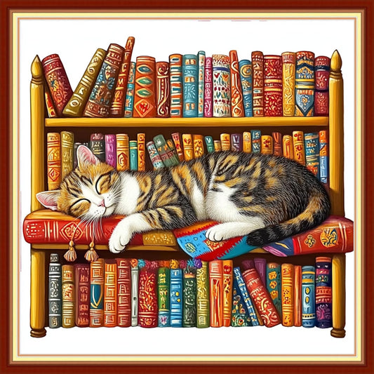 Foxhool Beginners Cross Stitch Kits Stamped Full Range of Embroidery Kits for Adults DIY Cross Stitches kit Embroidery Patterns for Needlepoint kit-Lazy cat Sleeping on The Bookshelf 18x18 inch