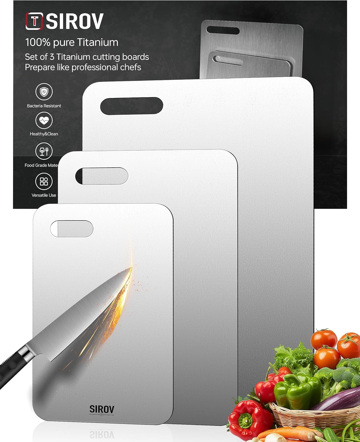 Katuchef Titanium Cutting Board for Kitchen, 100% Pure Titanium Cutting Board Food Grade,Non Toxic chopping board, Dishwasher safe, Easy to Clean(3PCS)