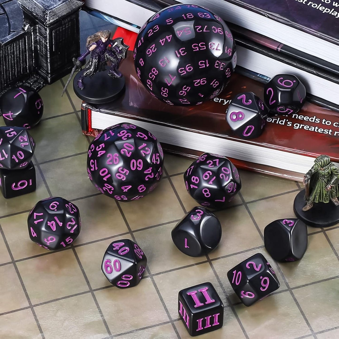 CiaraQ DND Polyhedral Dice Set (15pcs) D4-D100 Game Dice with Dice Bag for Dungeons and Dragons Role Playing Table Games (Black & Purple)