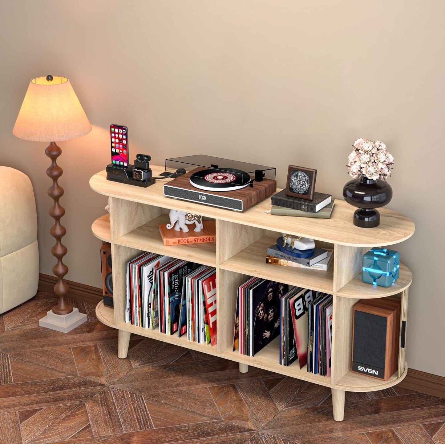 Large Round Record Player Stand with Charging Station & USB Ports，Record Storage Cabinet, Mid Century Modern Turntable Stand for Bedroom Living Room (Oak)