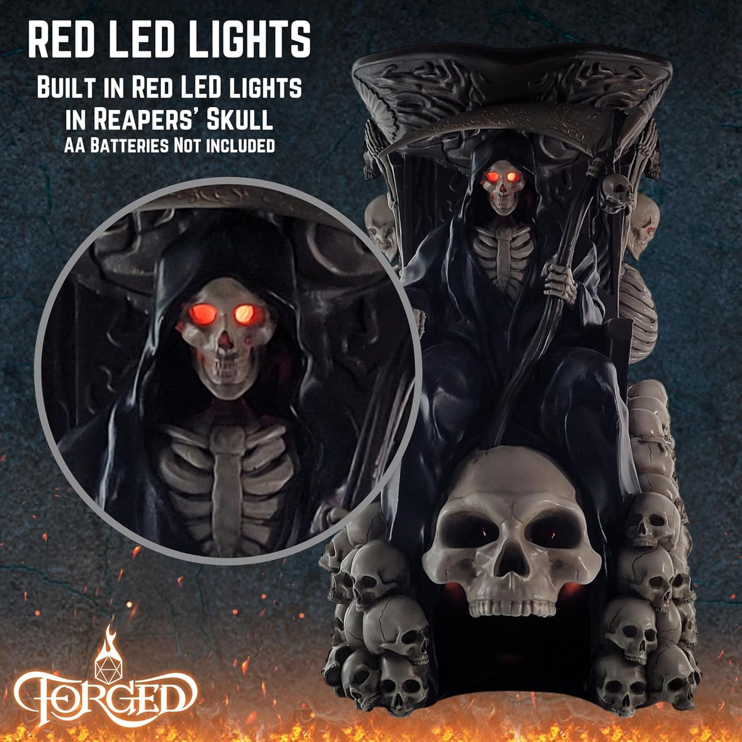Forged Dice Co. Grim Bones Dice Tower with LED Skull Eyes - Hand Painted Grim Reaper Throne - Dice Rolling Tower Compatible with DND Accessories