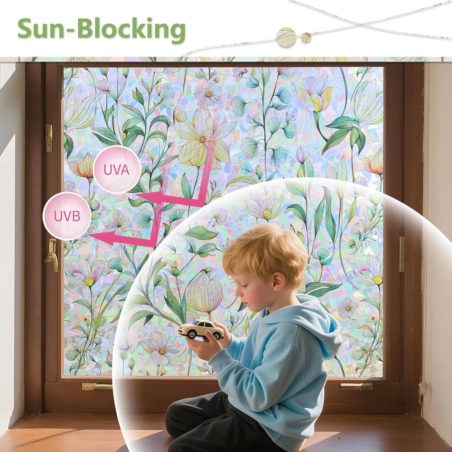 FINNEZ Window Privacy Film Stain Glass Film Flowers Rainbow Window Film Window Clings Non-Adhesive Reusable Decorative for Home（Forest Rainbow，35.4 Inch x 6.5 Feet）