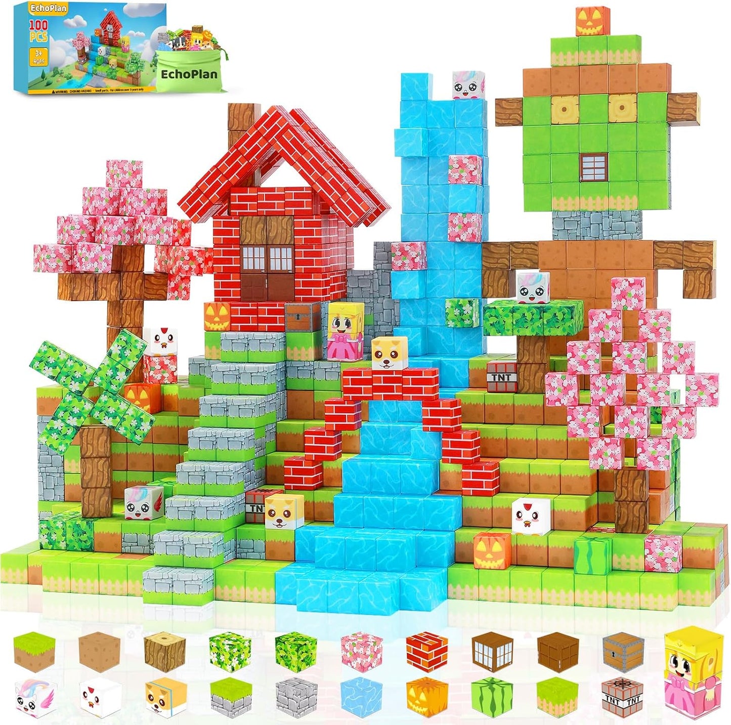 EchoPlan Magnetic Blocks, 100PCS Magnetic Building Blocks to Build a 3D World, STEM Sensory Construction Stacking Magnet Blocks Toy for Kids Ages 3+, Boys and Girls Christmas Birthday Gifts