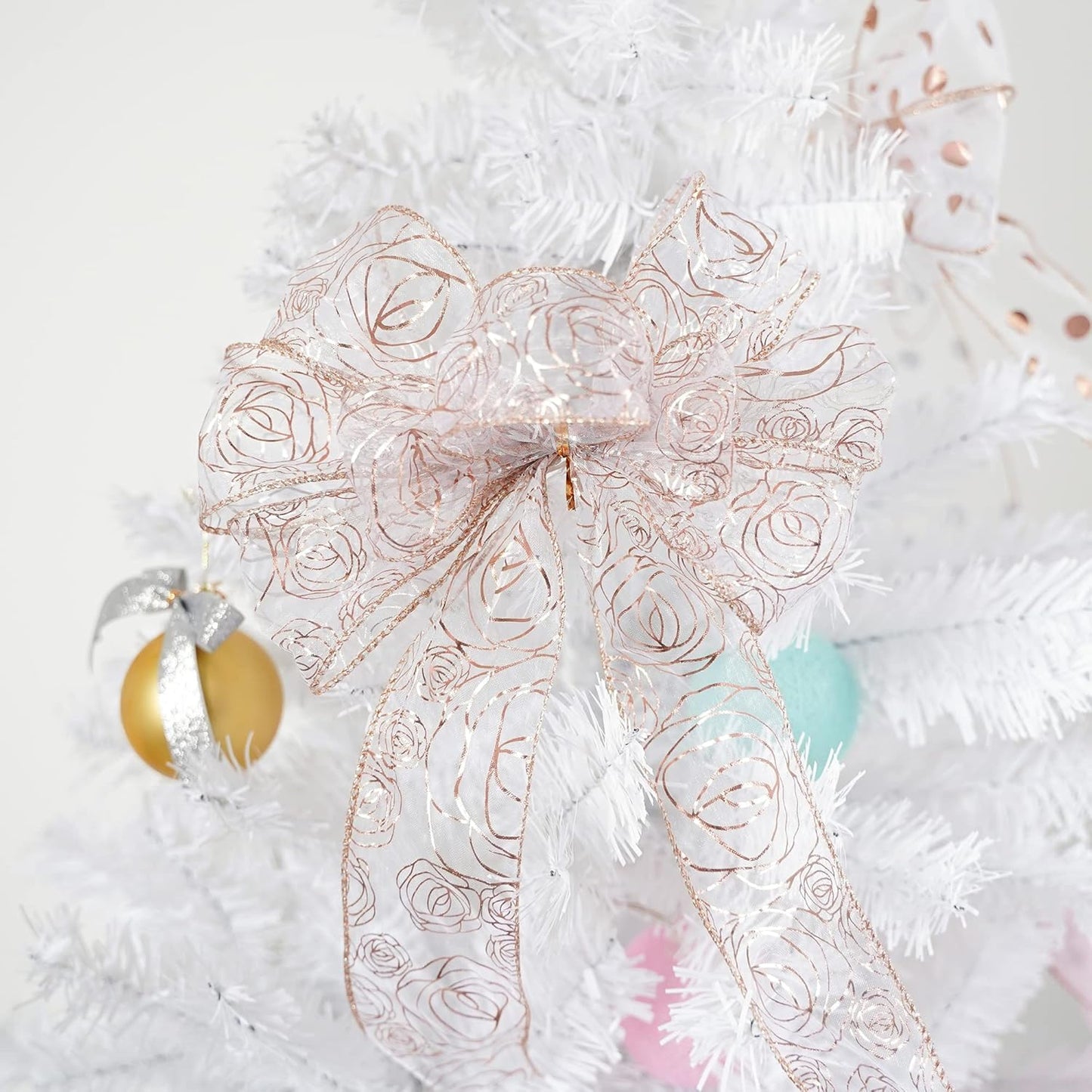 MEEDEE Floral Rose Wired 2.5 Inch Rose Gold Organza Sheer Ribbon, Wedding Bouquet Ribbon, 25 Yards Roll, Pink, For Crafts, Valentine Bow Making, Decor