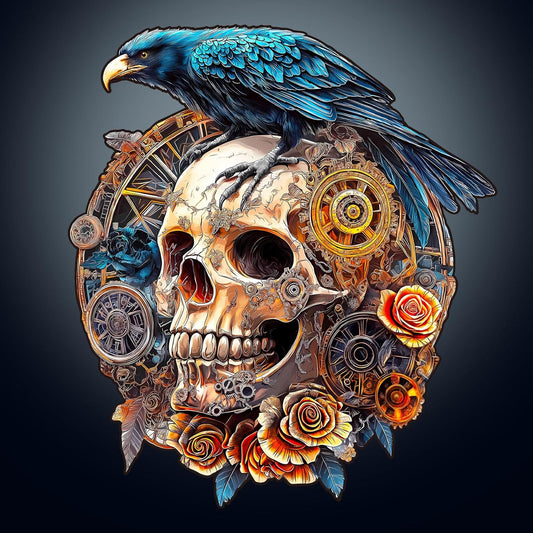 KAAYEE Wooden Puzzles for Adults, 3D Visual Effect Raven & Mechanical Skull Wooden Jigsaw Puzzle Unique Shape Wood Puzzle Adult, 3D Effect Flat Puzzle Birthday Family Games (M-11.4 * 10.1in-175pcs)