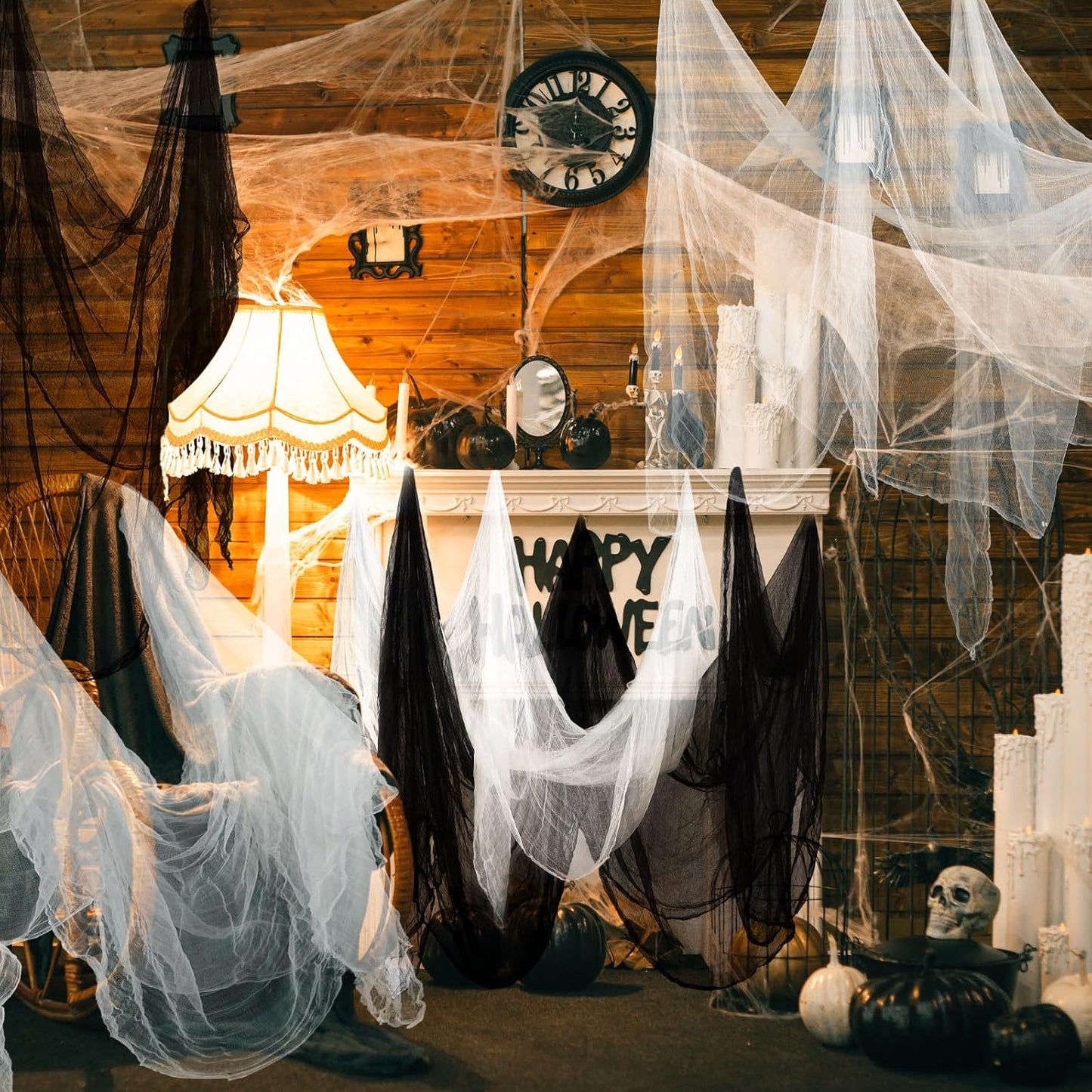 Boao Halloween Cheese cloth 39.37 x 196.85 Inch White Black Cheesecloth Roll for Crafts Large Cotton Muslin Gauze Fabric for Halloween Outdoor & Indoor Spooky Decoration