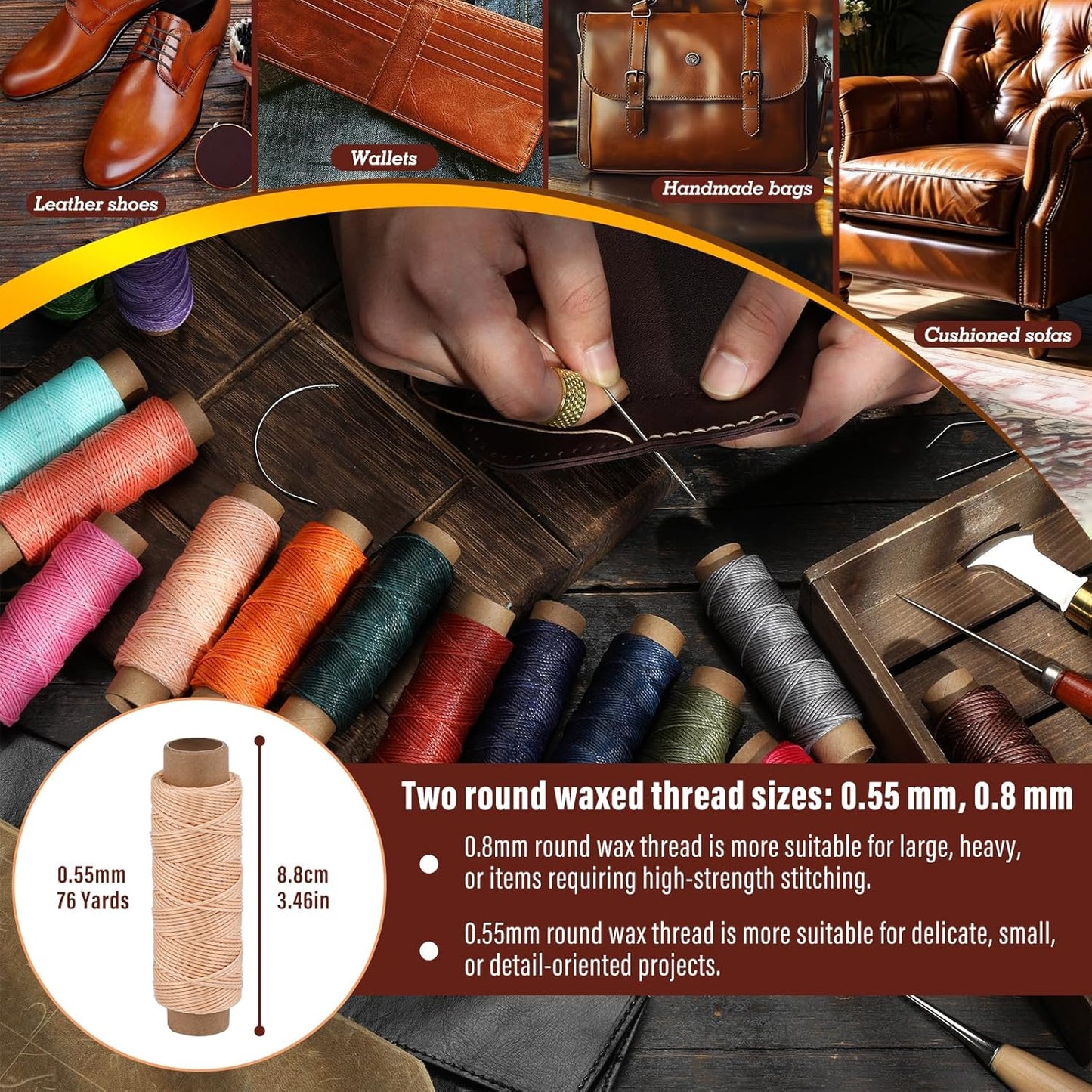 0.55 mm Round Waxed Thread, 14 Colors 76 Yards Spool Wax Coated String, Leather Sewing Waxed Thread for Sewing, Stitching, Beading, Braiding, Bracelet, Bookbinding