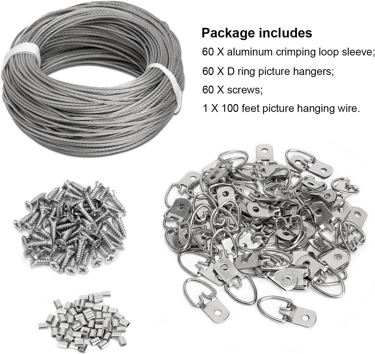 Blisstime Picture Hanging Kit - 100 Feet Braided Hanging Wire, 60 Pcs D Ring Picture Hangers with Screws and 60 Pcs Aluminum Crimping Loop Sleeve for Canvas Paintings, Photo Frames