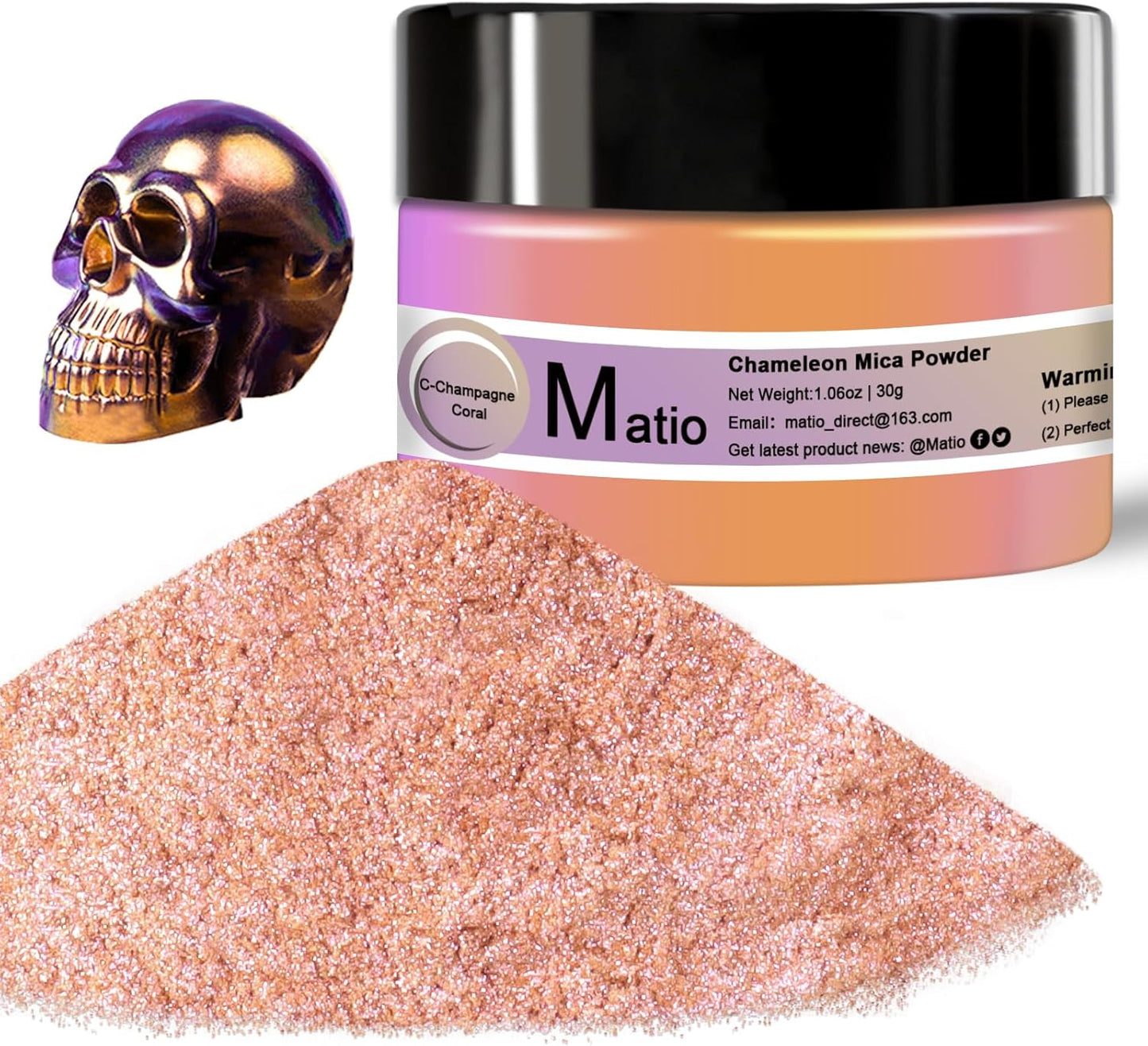 Matio Chameleon Mica Powder, 1.06oz/ 30g Champagne Coral Chrome Powder, Pearlescent Effect Color Shift Pigment for Resin Craft, Soap Candle Dye, Nail Art, Makeup,Bath Bomb,Paint,Slime Pigment