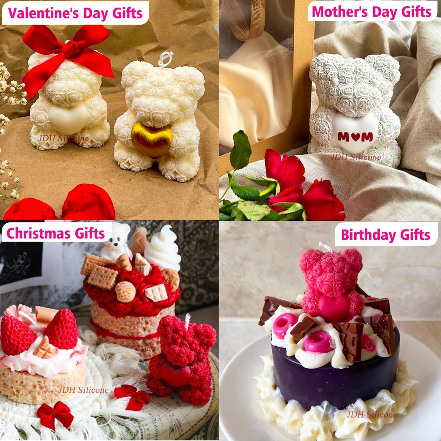 Large Rose Bear Silicone Mold - 3D Teddy Bear Candle Making Molds, Cute Epoxy Resin Molds for DIY Handmade Soaps,Mother's Day Gifts, Valentine Gifts, Birthday Gifts, Home Decor Crafts