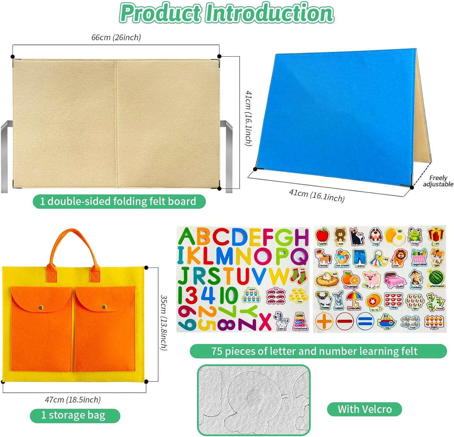 Foldable,Freestanding Felt Flannel Board Set for Toddlers,With 75 Felt Learning Letters Numbers Pieces,Double-Sided,With Storage Bag,for Parent-Child Story Time,Preschool,Classroom,Journey Time