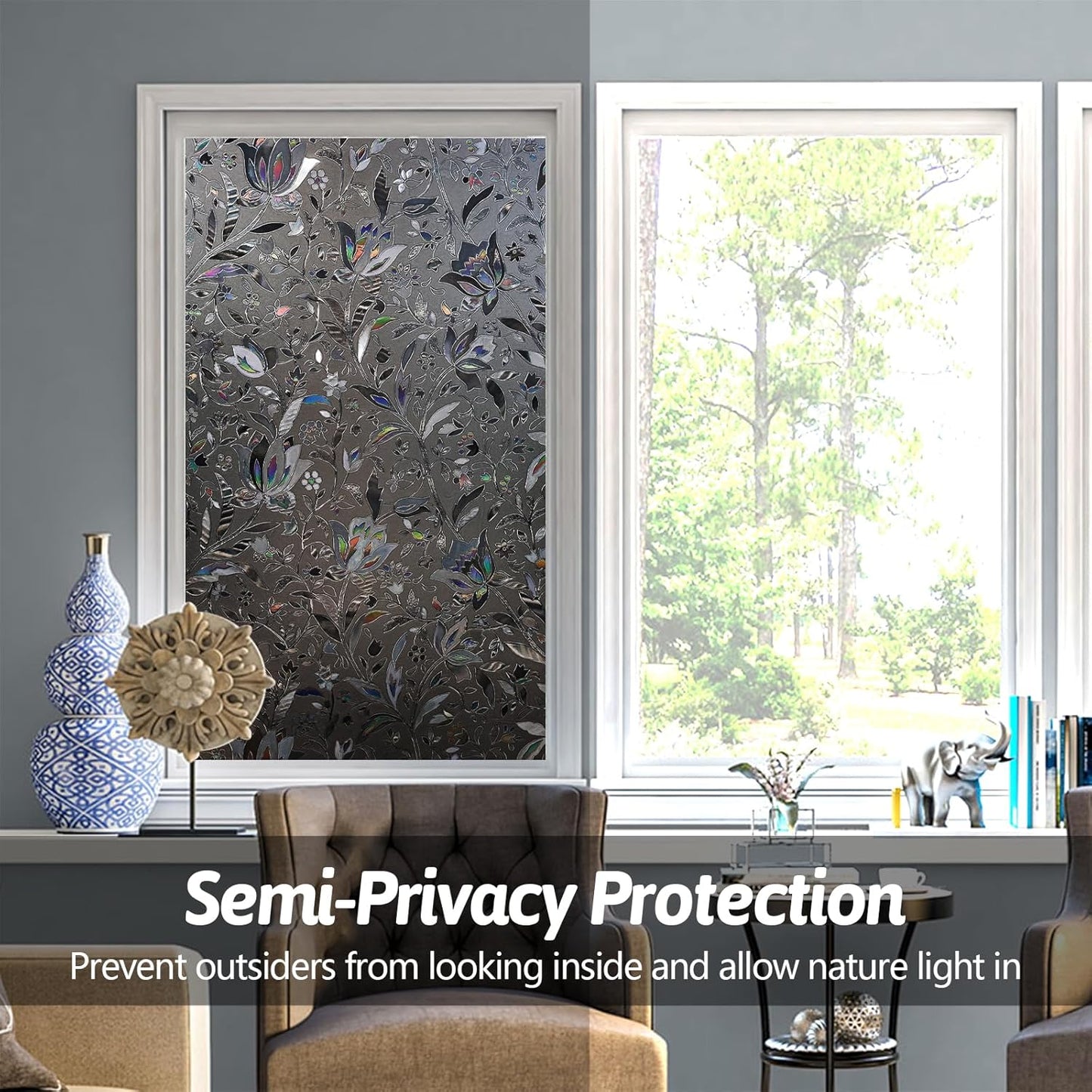 NINETREX Window Privacy Film,Decorative Window Film Frosted,Stained Glass Window Cling,Heat Blocker Non-Adhesive for Home,Grayish Black 35.4 x 78.7inch