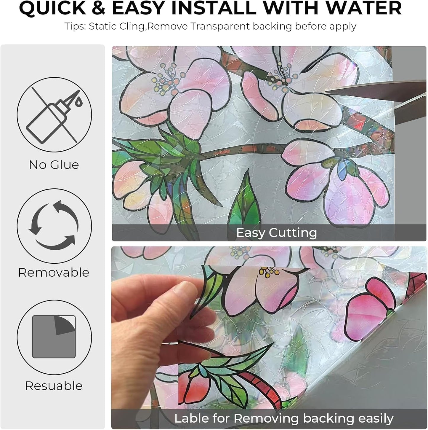 Window Privacy Film Rainbow Film Stained Glass 3D Static Cling Decorative Window Sticker for Bathroom,Front Door,Home Heat Control UV Blocking Non Adhesive,Peach Blossom 23.6 x 78.7inches