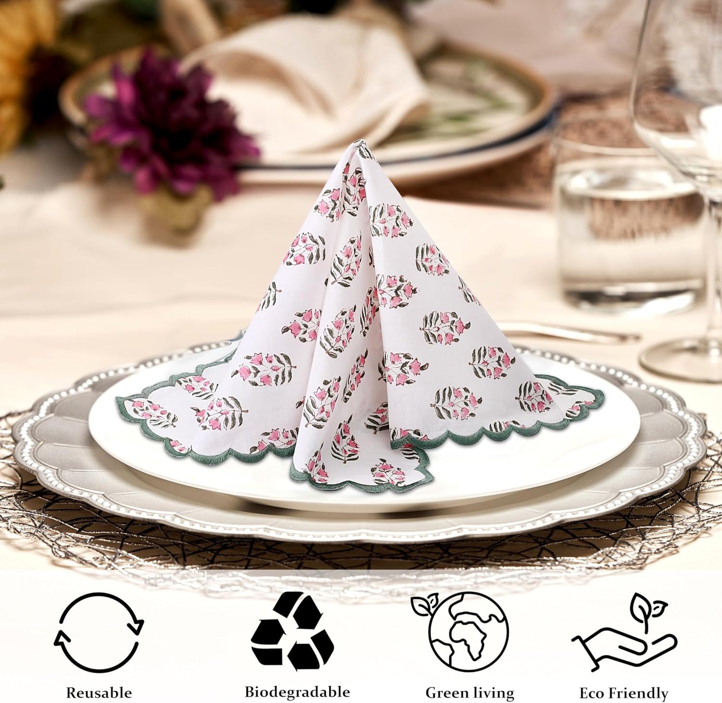 Embroidery Napkins Kitchen Towels Table Decor Table Linen Cotton Napkins Cloth Napkins Set of 4-20"x 20" Block Print Napkins Dinner Napkins Gifts for her Gifts for mom