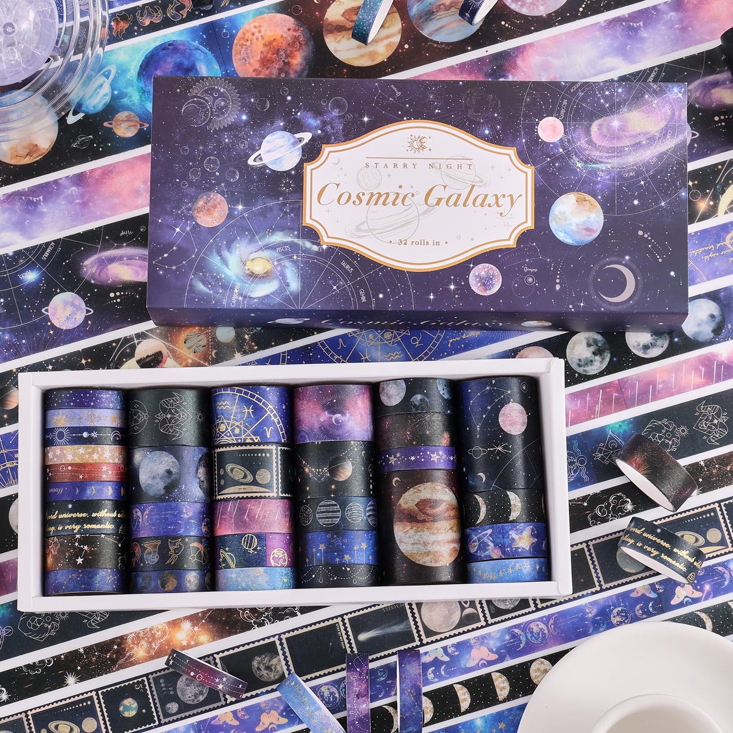32 Rolls Washi Tape Set, Gold Foil Galaxy Decorative Masking Tape Constellation, Stars, Celestial, Adhesive Tape for Bullet Journal, Diy Craft, Scrapbooking Supplies, Gift Wrapping, Party Decoration
