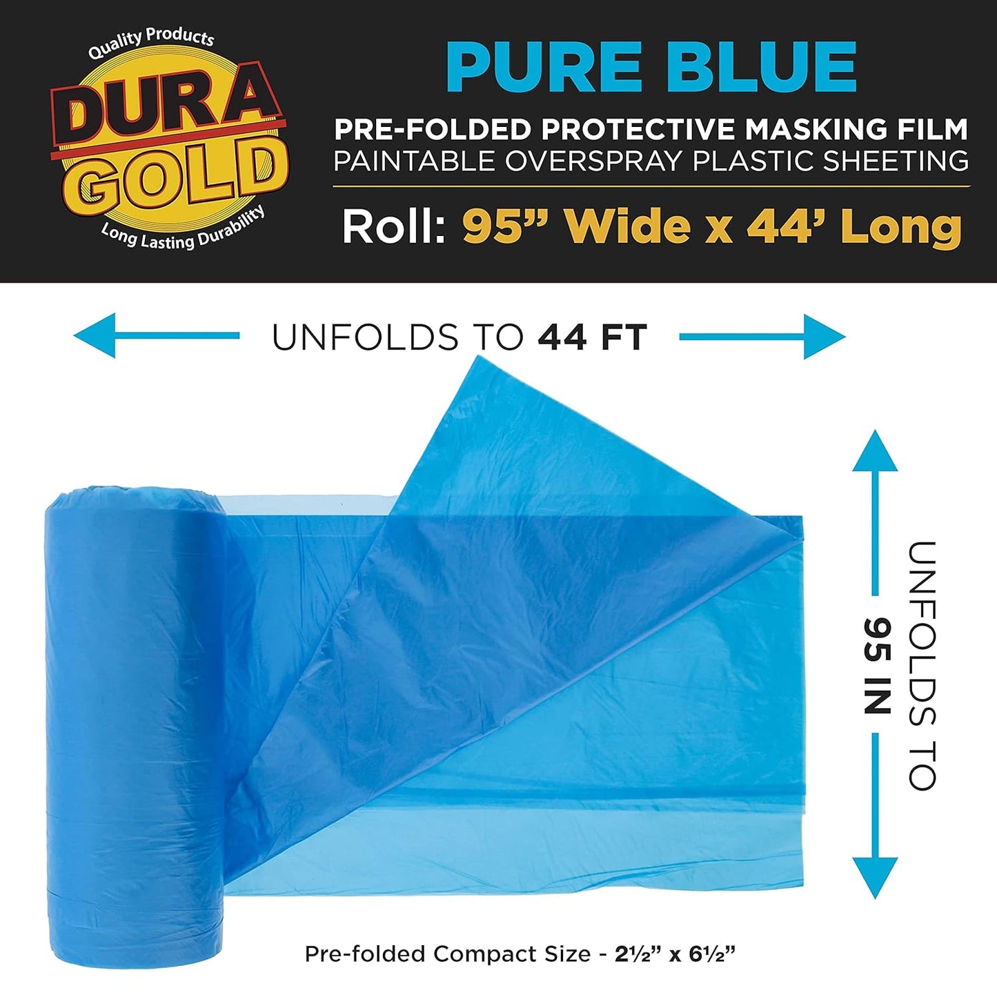 Dura-Gold 95" x 44' Pure Blue Pre-Folded Masking Film - Painters Plastic Roll (0.4 Mil) Pull Down Drop Sheet, Pre-Folded Plastic Sheeting for Painting Protection on Auto, Walls, Furniture