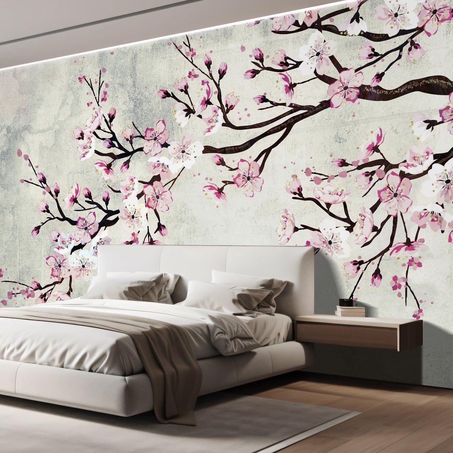 wall26 Wall Sticker/Wall Mural Watercolor Style Ink Painting Pink Cherry Blossom on Vintage, Not Peel and Stick, Non-Woven Wallpaper Decorative for Bedroom, Living Room, Office - 96x120 inches