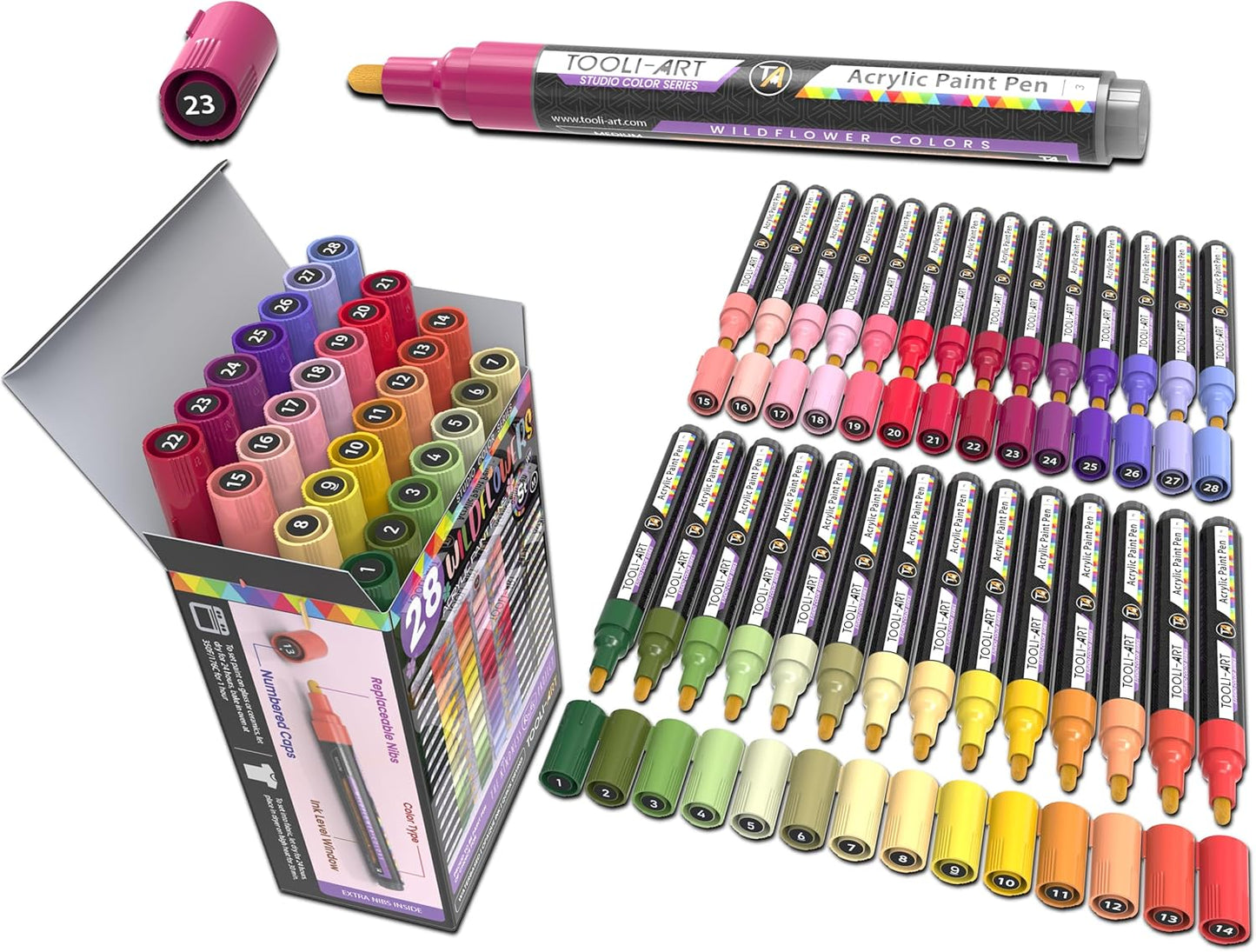 28 Wildflower Colors Acrylic Paint Pens Studio Color Series Markers Set 3mm Medium Tip, Rock Painting, Glass, Mugs, Wood, Metal, Canvas, DIY Projects, Detailing. Non Toxic, Waterbased, Quick Drying