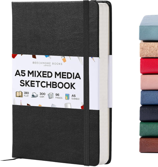 Beechmore Books A5 Sketch Book – 5.8"x8.3" Premium Vegan Leather Hardcover Sketchbook, 96 Thick 300gsm Perforated Ivory Pages, Ideal for Sketching, Watercolor & Mixed Media, Includes Back Pocket