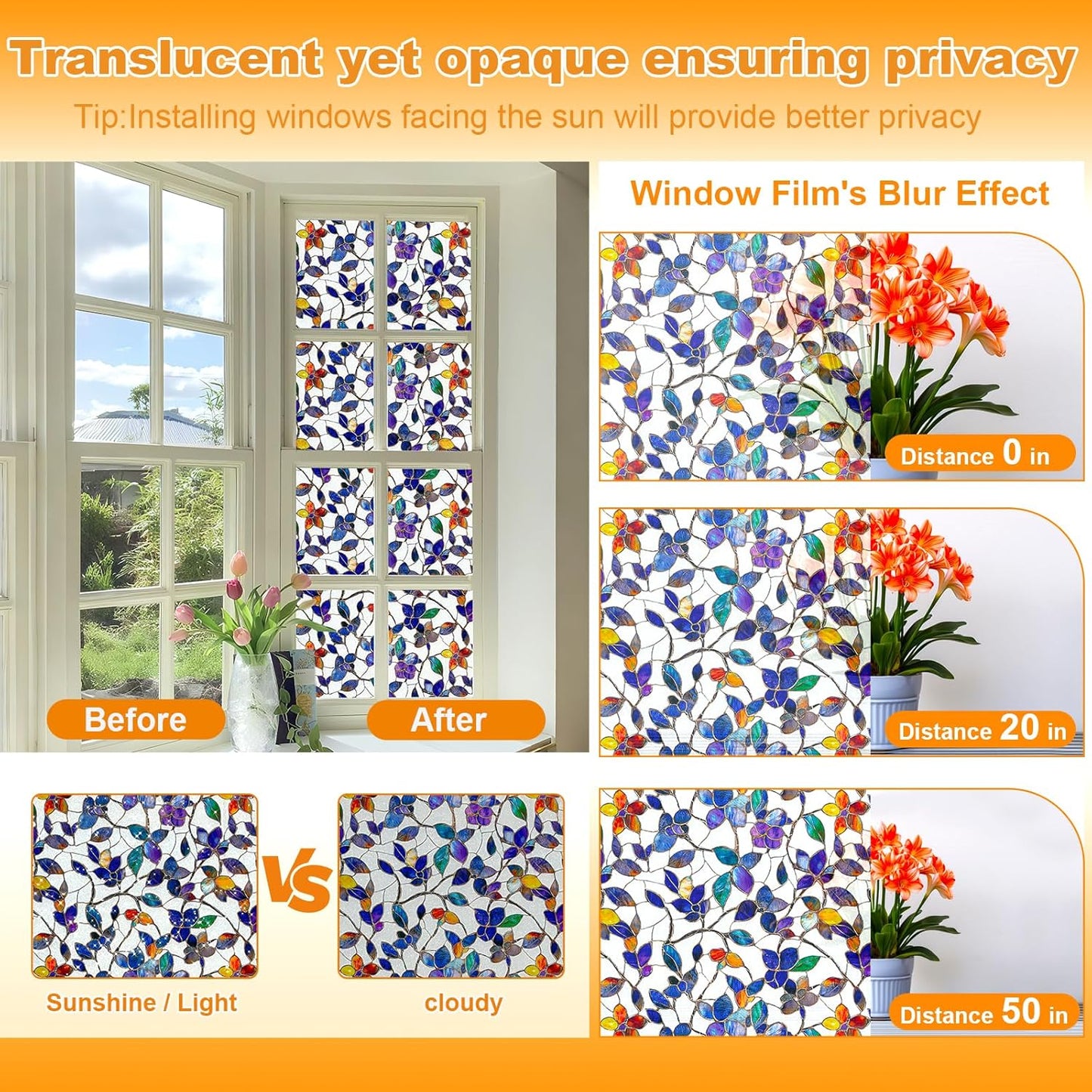Window Privacy Film Stain Glass Window Film Rainbow Window Film Window clings Non-Adhesive Reusable Decorative for Room (Frosted Stained Leaf, 17.5 x 78.7 in)